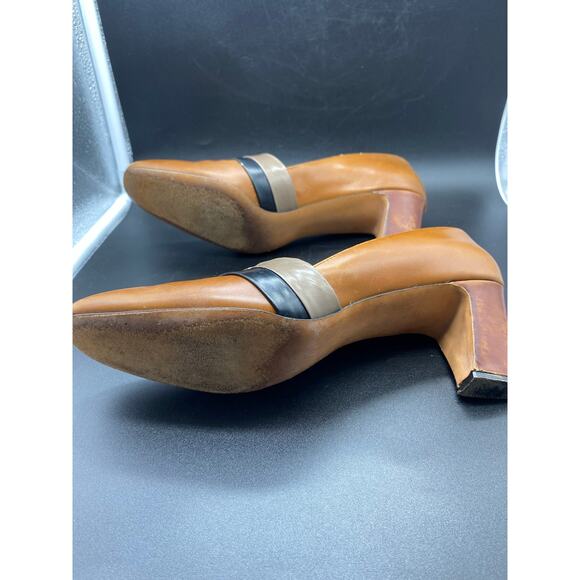 1960s Tri-Tone Leather Neutral Mod Heels Secretary Pump Baynhams Palizzio - Picture 5 of 10